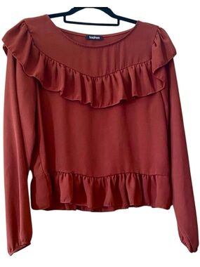 Boohoo Rust Ruffle Blouse M Peplum Long Sleeve Romantic Boho Top
